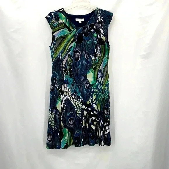 Dressbarn Dresses & Skirts - Dressbarn Peacock Sleeveless Dress 6 Black Green Feathers Circle Hem Peep Holes